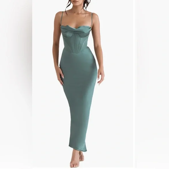 green emerald velvet dress HOUSE OF CB FLORA SATIN PLEATED MIDI DRESS  TheLuxeLend